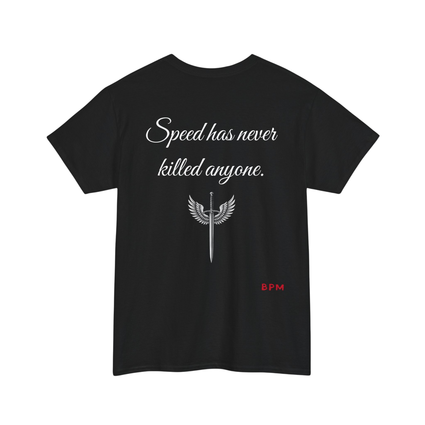 Black t-shirt with white text and design on a white background