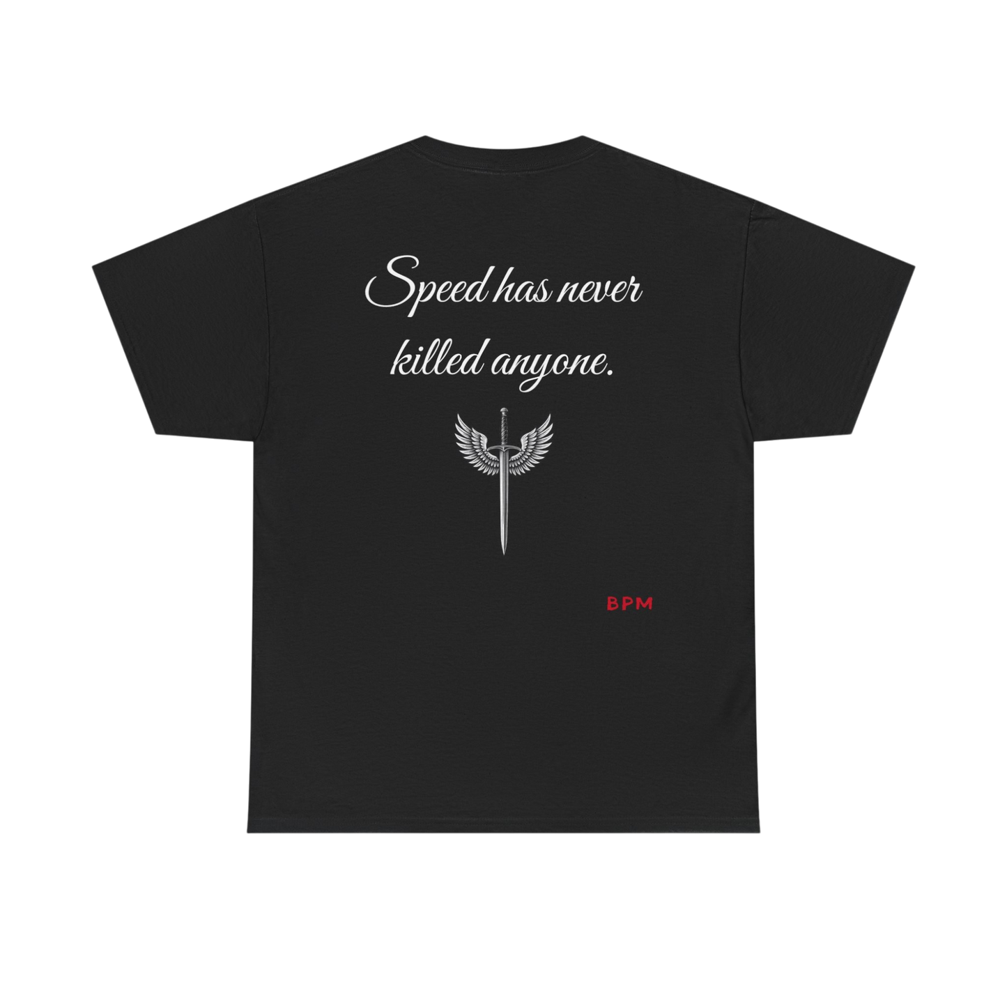 Black t-shirt with white text and red logo on a white background