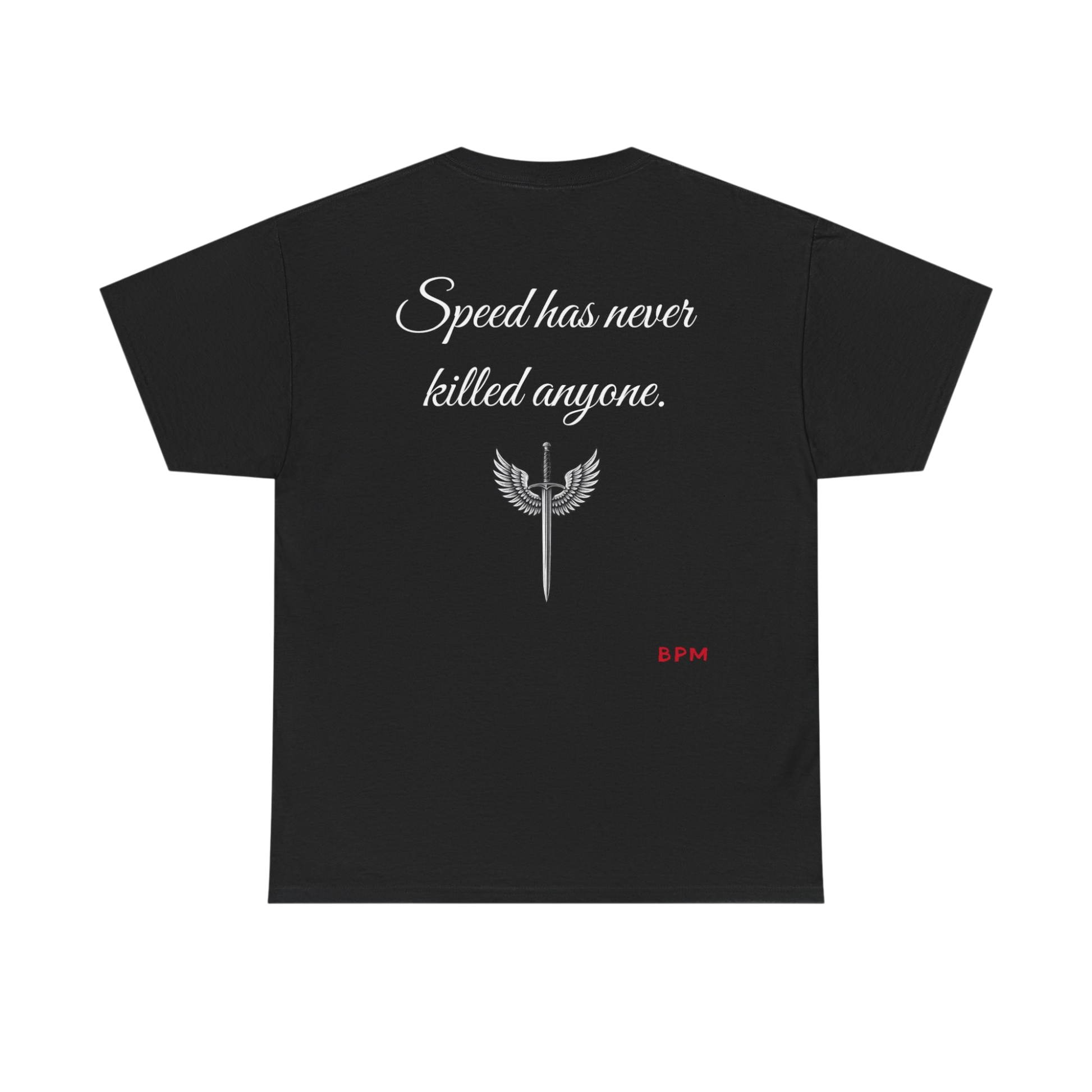 Black t-shirt with white text and red logo on a white background