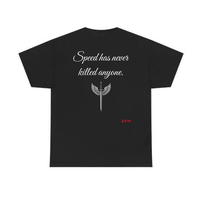 Black t-shirt with white text and red logo on a white background