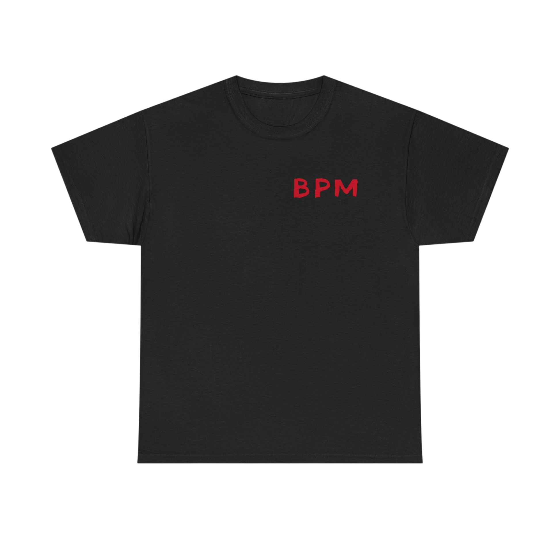 Black t-shirt with 'BPM' in red on a white background
