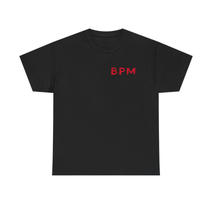 Black t-shirt with 'BPM' in red on a white background
