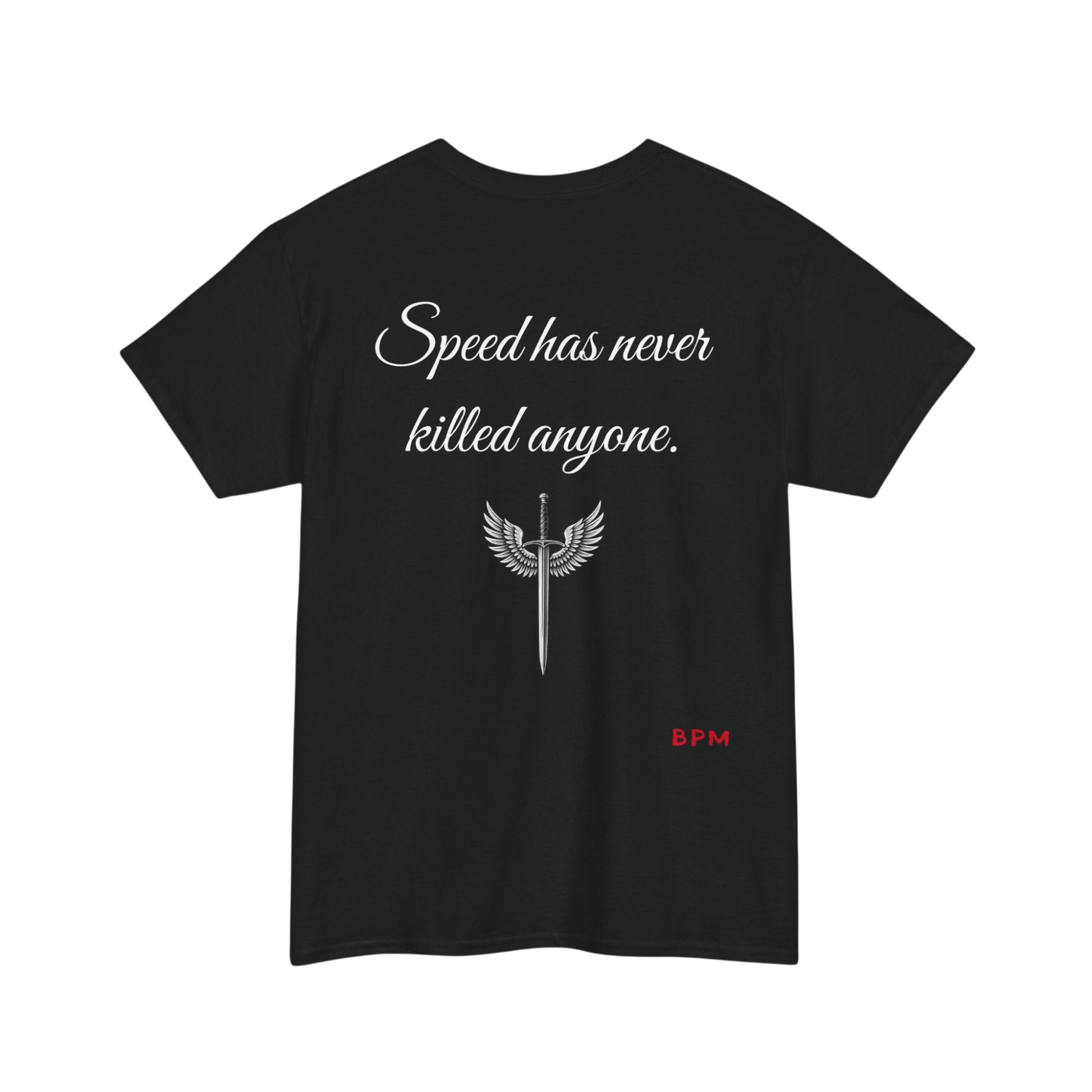 Black t-shirt with white text and design on a white background