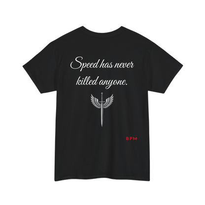 Black t-shirt with white text and design on a white background